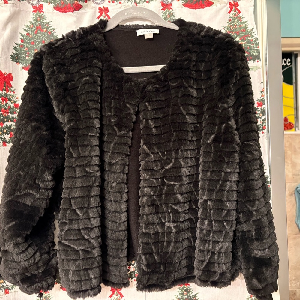 Calvin Klein Textured Black Faux Fur Jacket